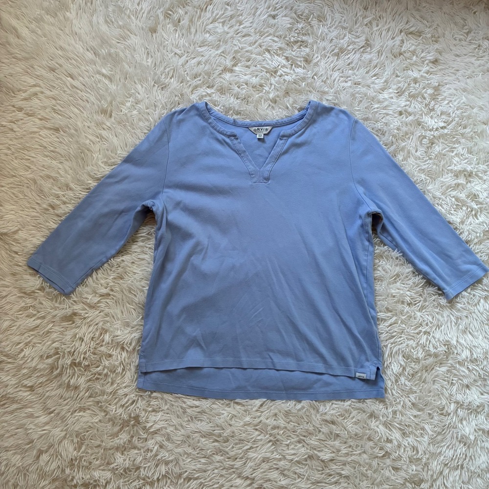 Orvis Classic Collection Light Blue 100% Cotton Notch Neck 3/4 Sleeve Top Medium